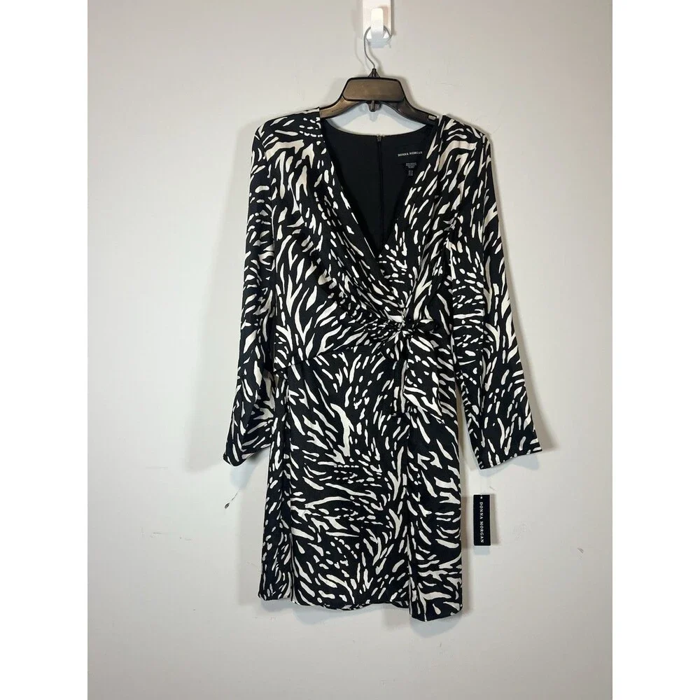 NWT DONNA MORGAN Long Sleeve Wrap Dress Ivory/Black Size 10 - Picture 4 of 11